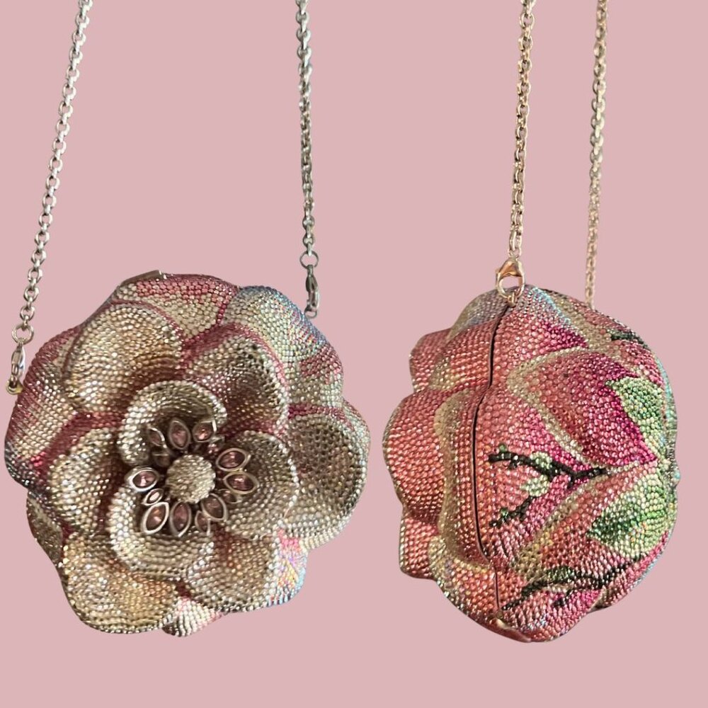 RARE PINK JUDITH LEIBER SWAROVSKI CRYSTAL MAGNOLIA BLOOM MINAUDIERE CLUTCH